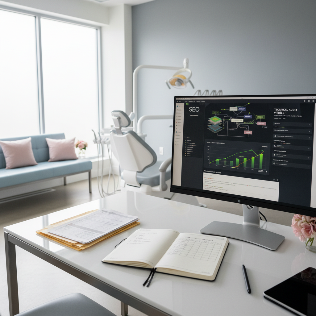 Modern dental clinic with digital SEO dashboard, notebooks, and documents on site optimization.