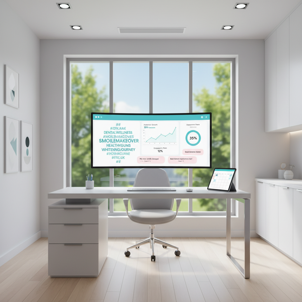 Modern dental clinic workspace with a digital screen displaying social media analytics and testimonials.