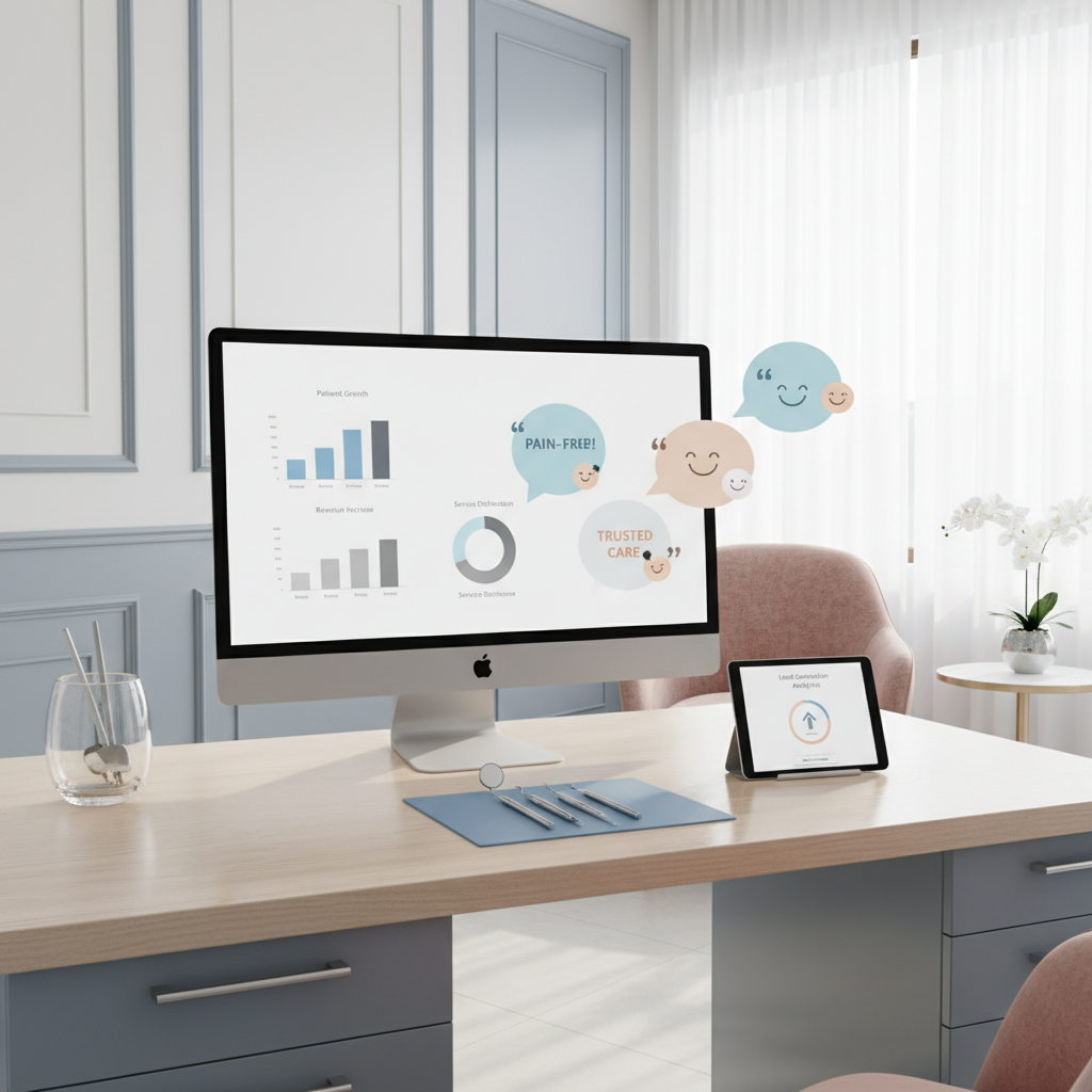 Modern dental clinic workspace with computer, dental tools, and analytics displays in bright, clean setting.