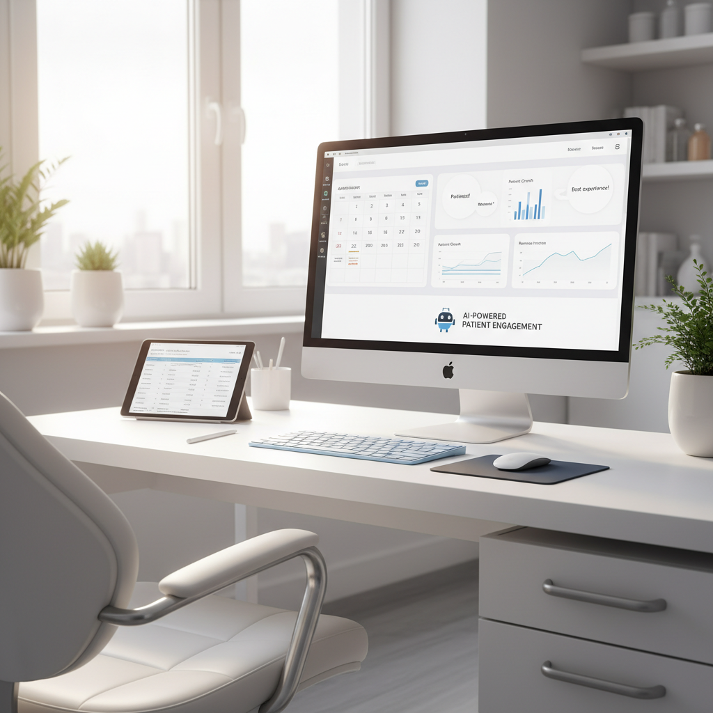 Modern dental clinic workspace with computer, dental chair, tablet, and minimal desk setup.