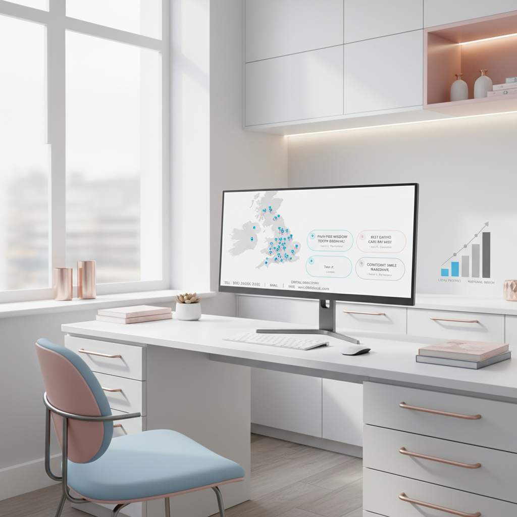 Modern dental clinic workspace with computer displaying UK dental dashboard, maps, reviews, and growth chart.