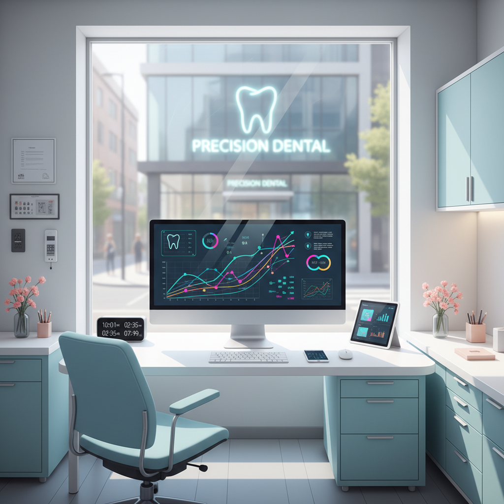 Modern dental clinic workspace with computer displaying colorful growth charts and digital devices.