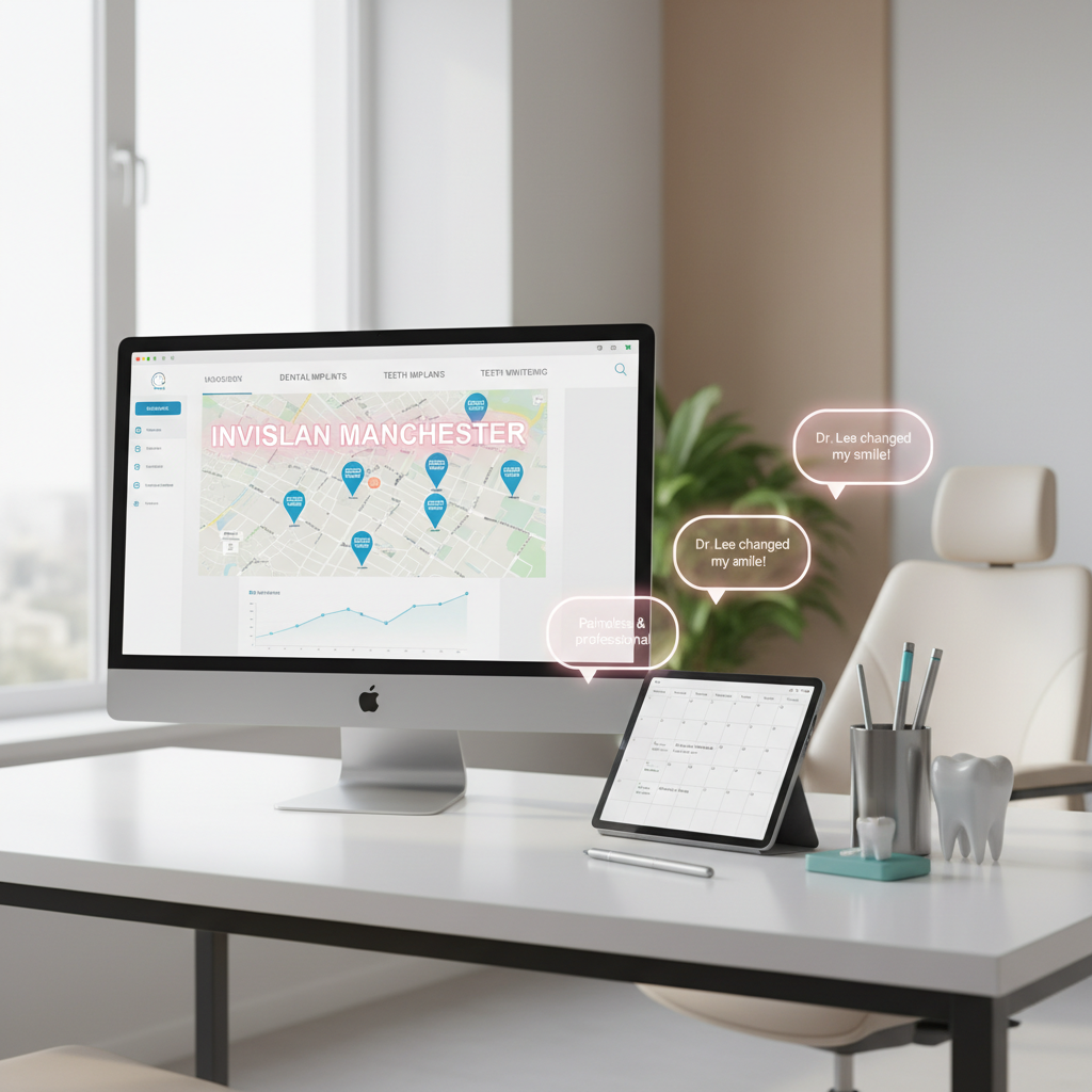 Modern dental clinic workspace with computer displaying local search dashboard, appointment calendar, and testimonials.