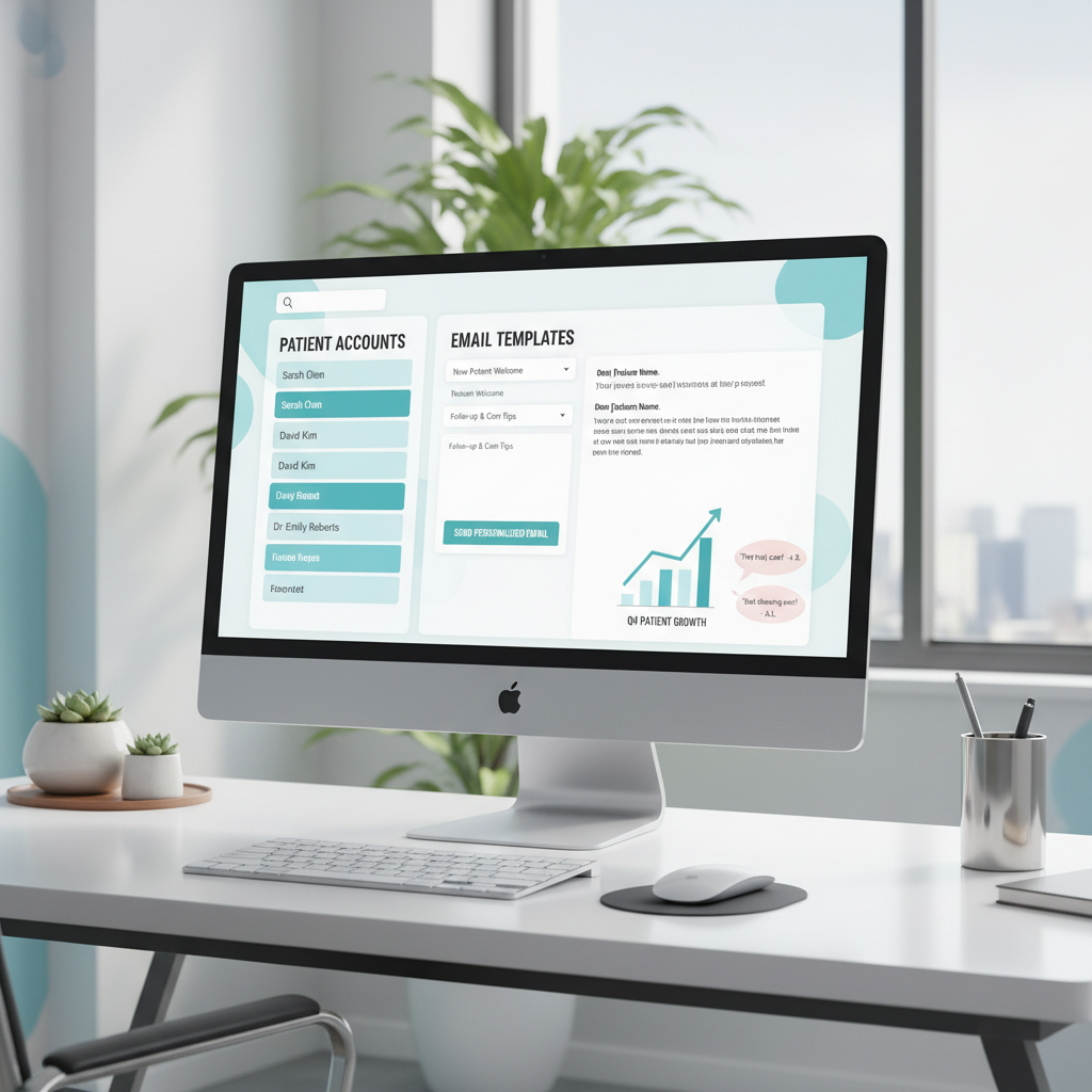 Modern dental clinic workspace with computer displaying patient list, email templates, and subtle growth charts.