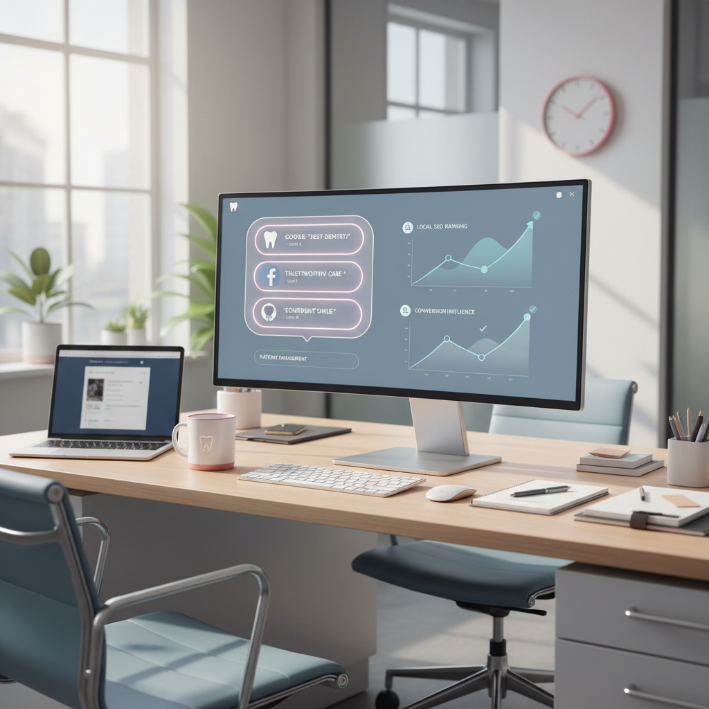 Modern dental clinic workspace with computer displaying testimonials, growth charts, and patient engagement elements.