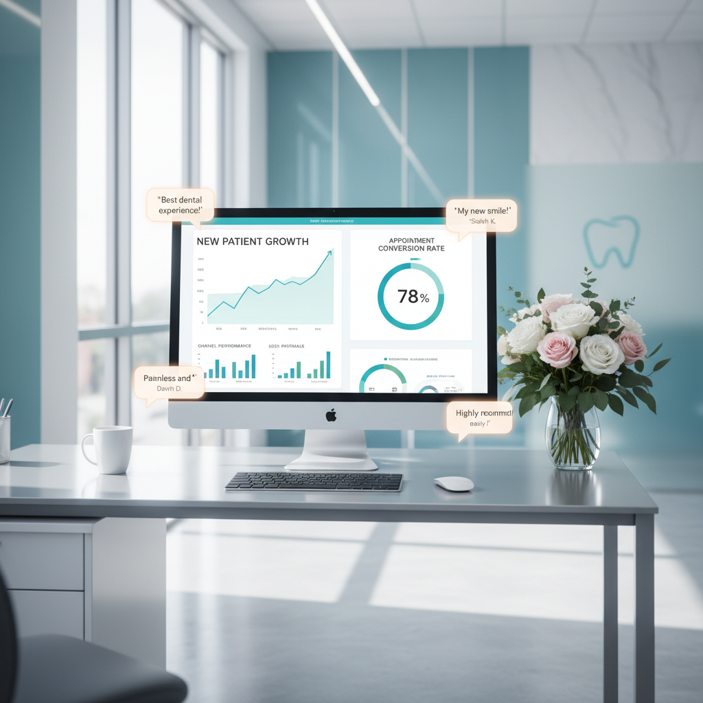 Modern dental clinic workspace with computer displaying patient growth dashboard and pink bouquet