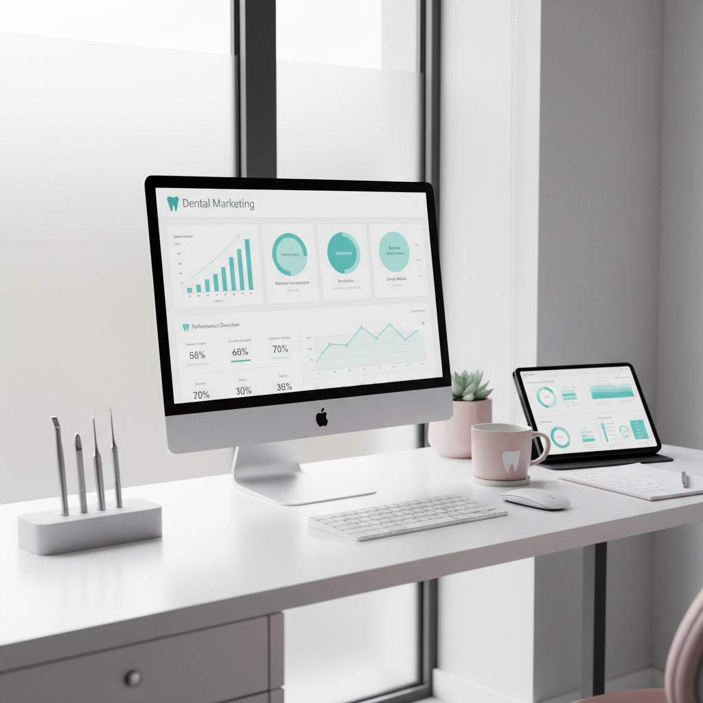 Modern dental clinic workspace with computer displaying marketing dashboards and strategic tools.
