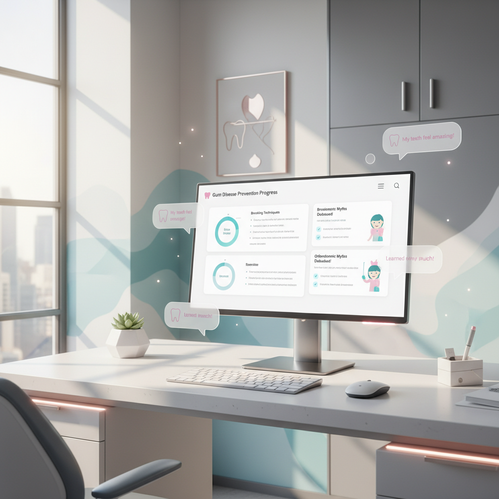 Modern dental clinic workspace with computer displaying dental dashboard, charts, and educational content.