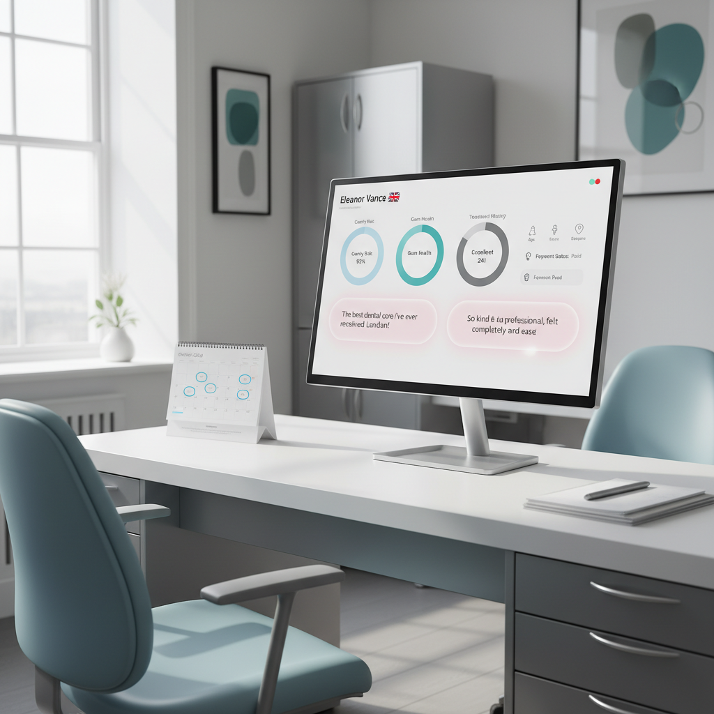 Modern dental clinic workspace with computer displaying patient profile dashboard and organized desk.