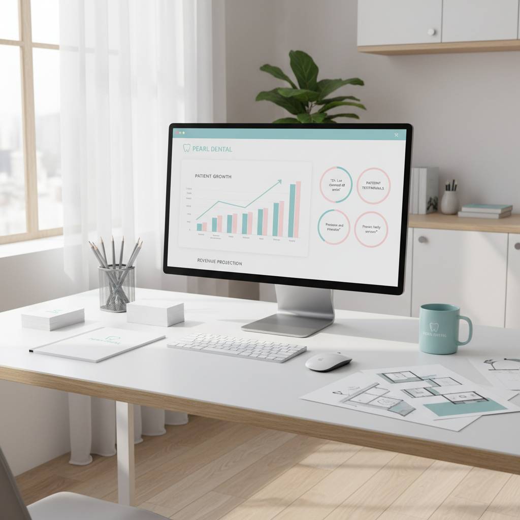 Modern dental clinic workspace with computer displaying growth charts and testimonial bubbles.