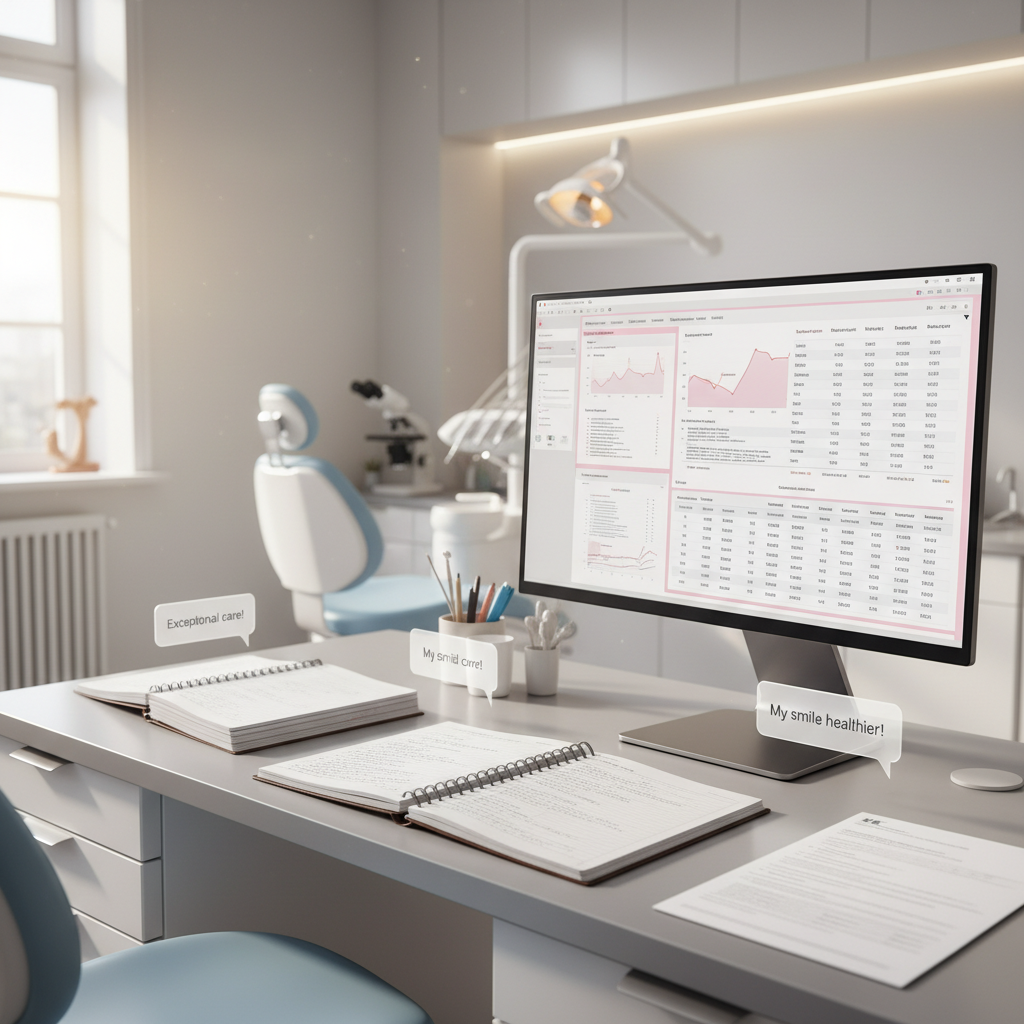 Modern dental clinic workspace with computer, notebooks, case studies, and testimonial overlays.