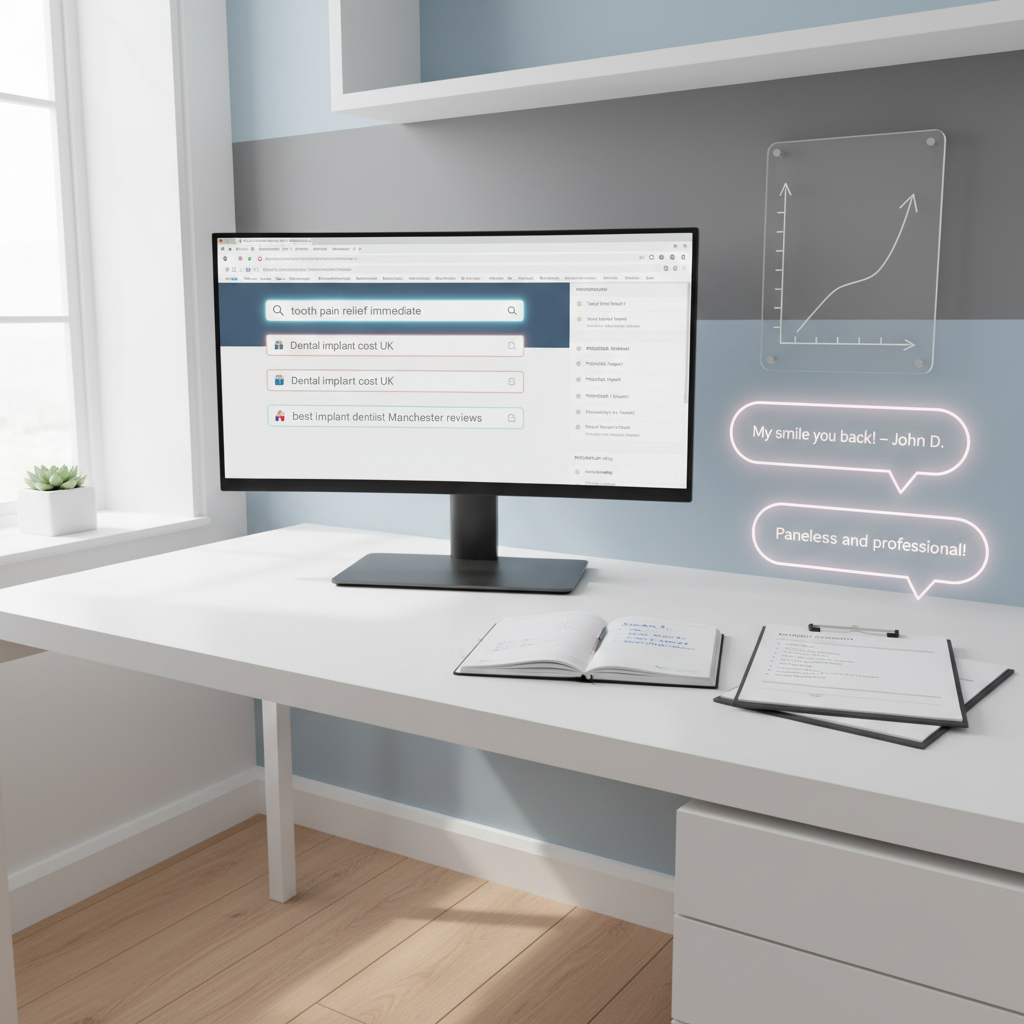 Modern dental clinic workspace with computer, notes, growth chart, and testimonials in bright, clean setting.