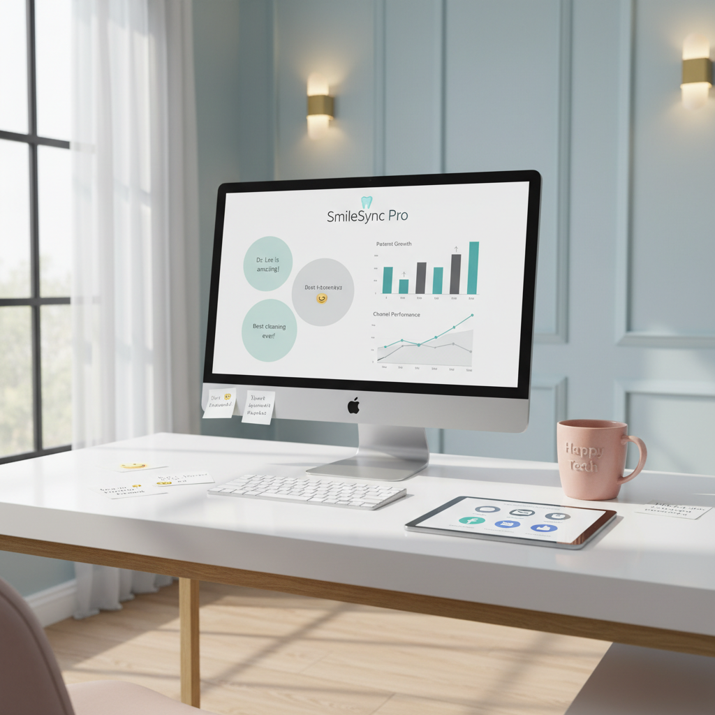 Modern dental clinic workspace with computer, notes, tablet, mug, and clinical blue background.