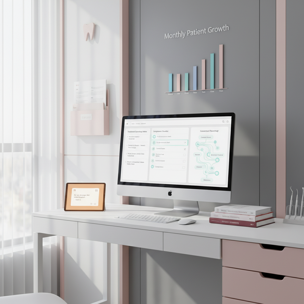 Modern dental clinic workspace with computer, reference books, testimonial tablet, and growth chart.