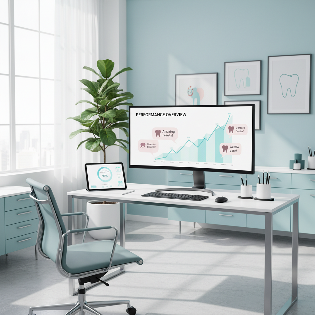 Modern dental clinic workspace with computer, tablet, and growth analytics in bright, clinical tones.