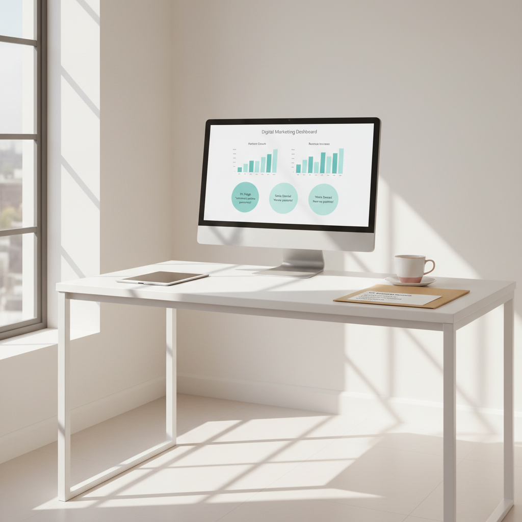 Modern dental clinic workspace with computer, tablet, coffee, and practice folders in bright, clean setting.
