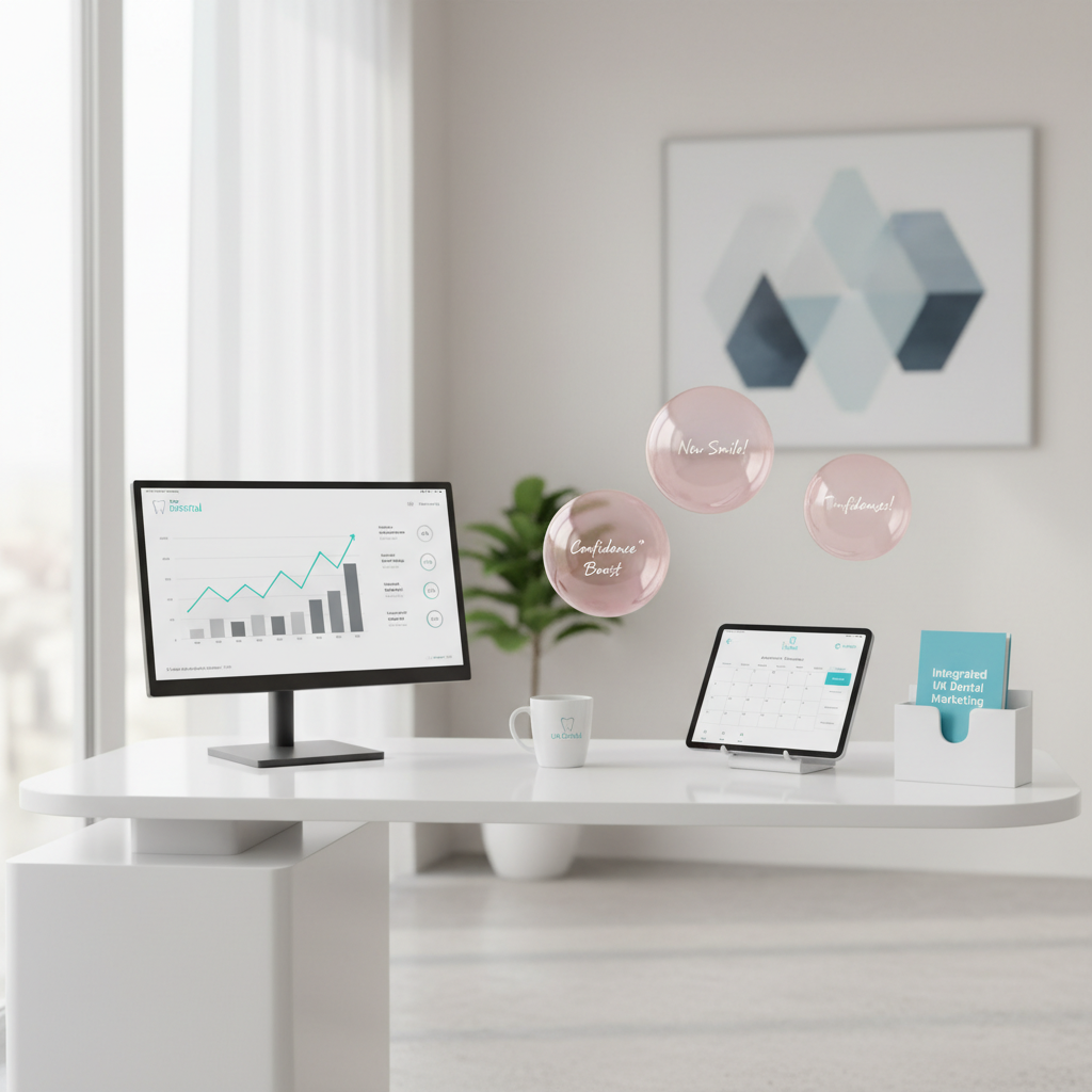 Modern dental clinic workspace with dashboard, testimonial bubbles, calendar, and clean design.