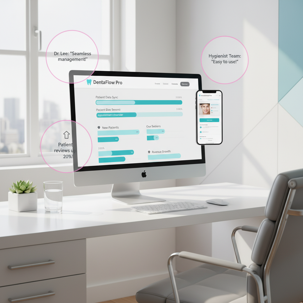 Modern dental clinic workspace with desktop displaying a dental website dashboard and minimal data visuals.