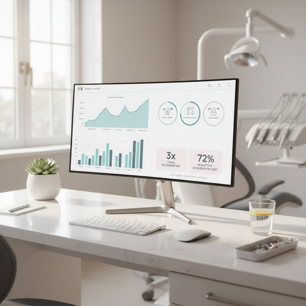 Modern dental clinic workspace with digital dashboard showing growth metrics and testimonial bubbles.
