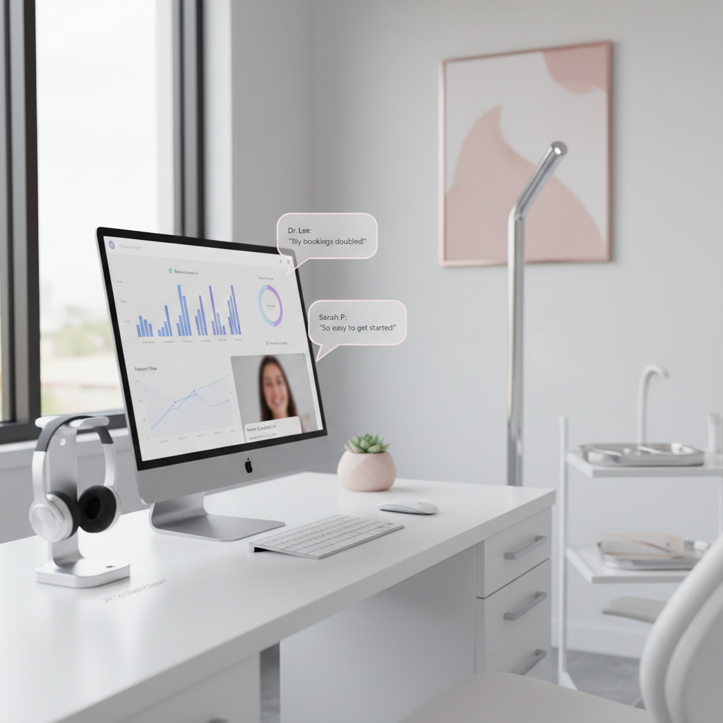 Modern dental clinic workspace with digital dashboard, headset, and blurred video call window.