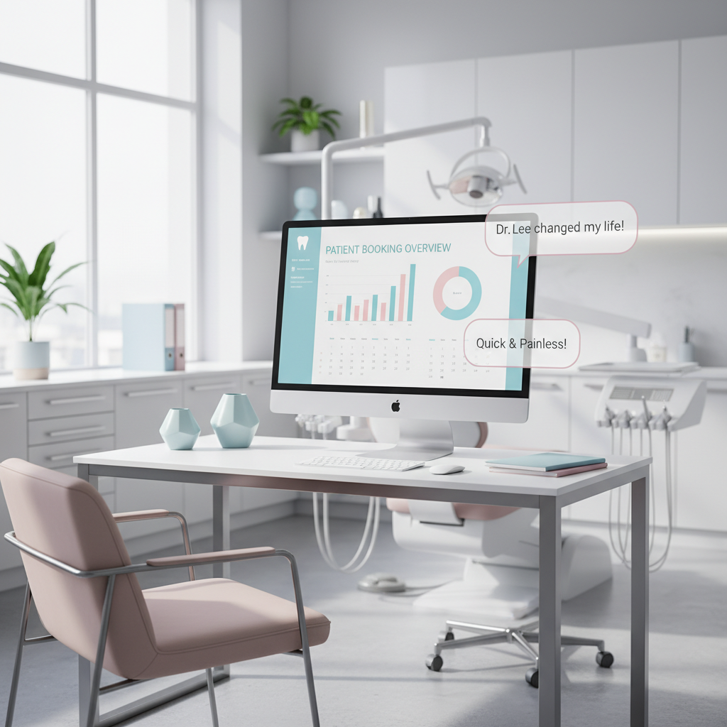 Modern dental clinic workspace with digital dashboard, testimonial bubbles, dental chair, and instruments.