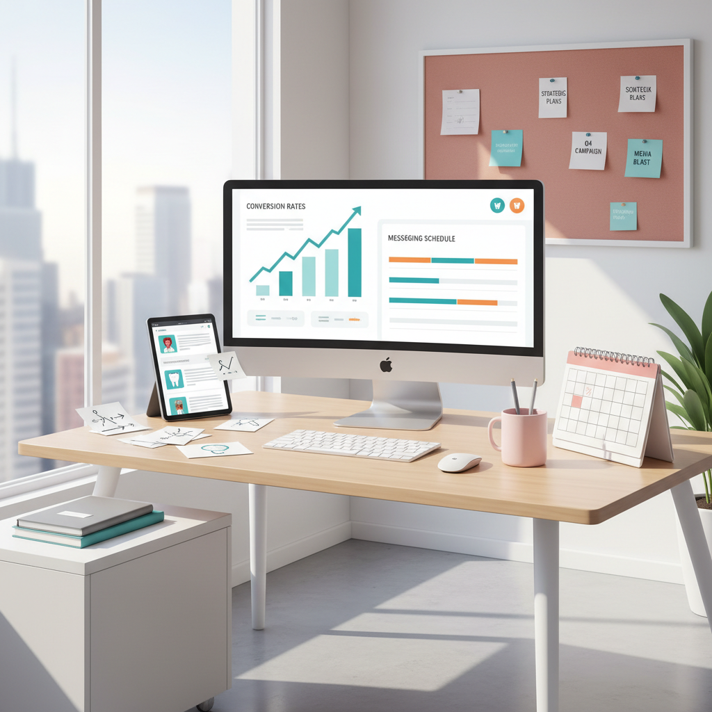 Modern dental clinic workspace with digital dashboard, notes, tablet, calendar, and stationery.
