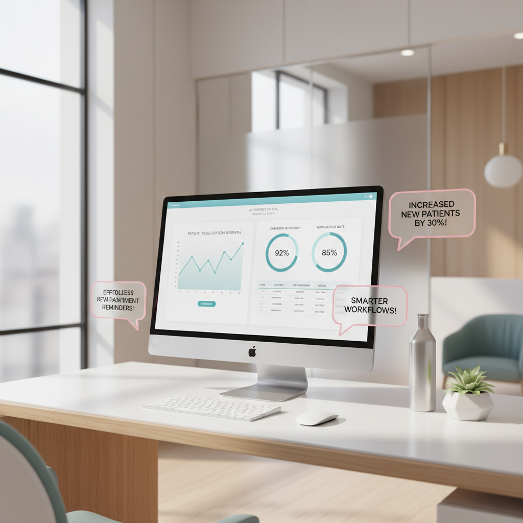 Modern dental clinic workspace with digital dashboard, testimonial bubbles, and warm accents.