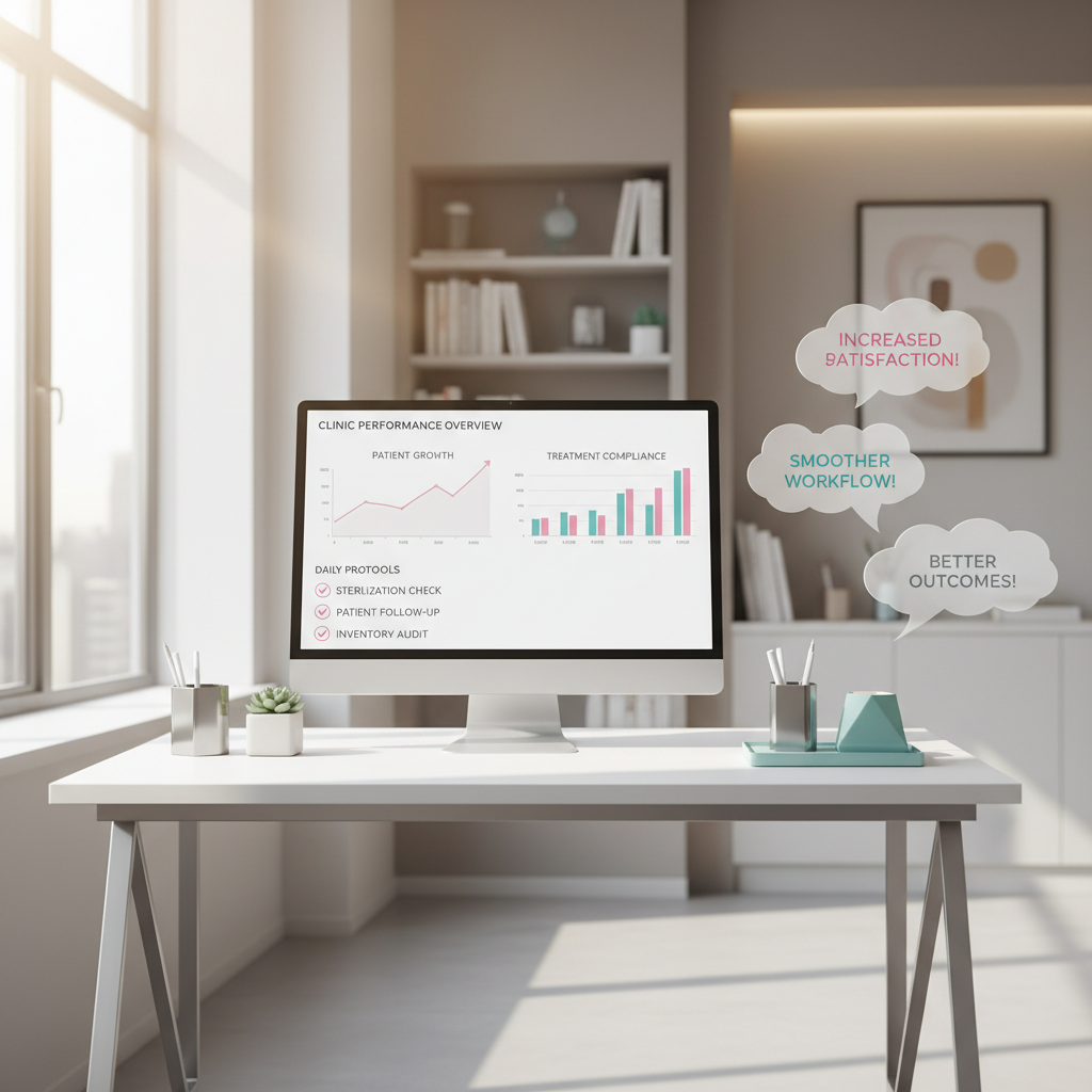 Modern dental clinic workspace with digital dashboard, stationery, and testimonial bubbles.