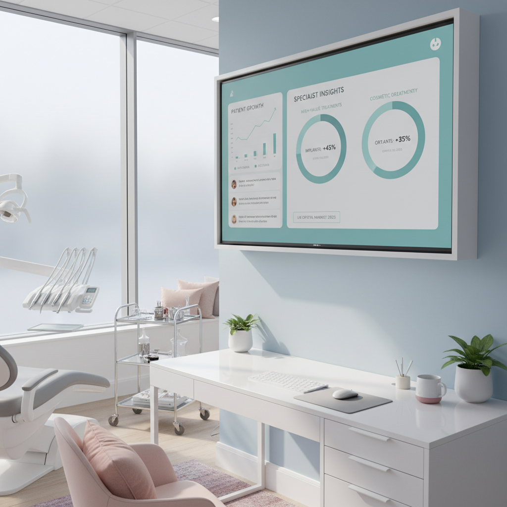 Modern dental clinic workspace with digital dashboard showing growth charts and patient testimonials.
