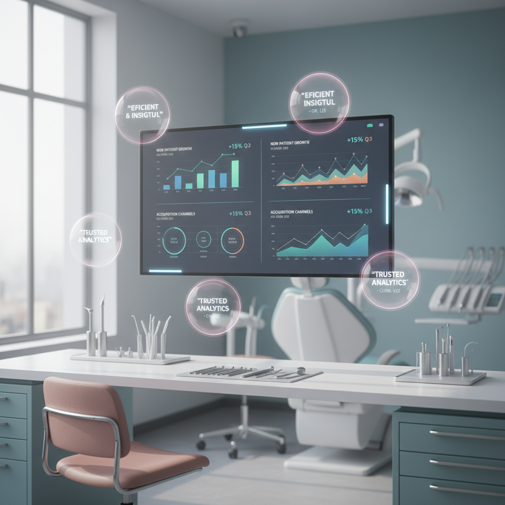 Modern dental clinic workspace with digital dashboard, ergonomic chairs, dental instruments, and treatment room.