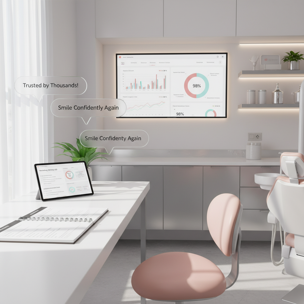 Modern dental clinic workspace with digital dashboard, notebooks, tablet, and floating testimonial bubbles.