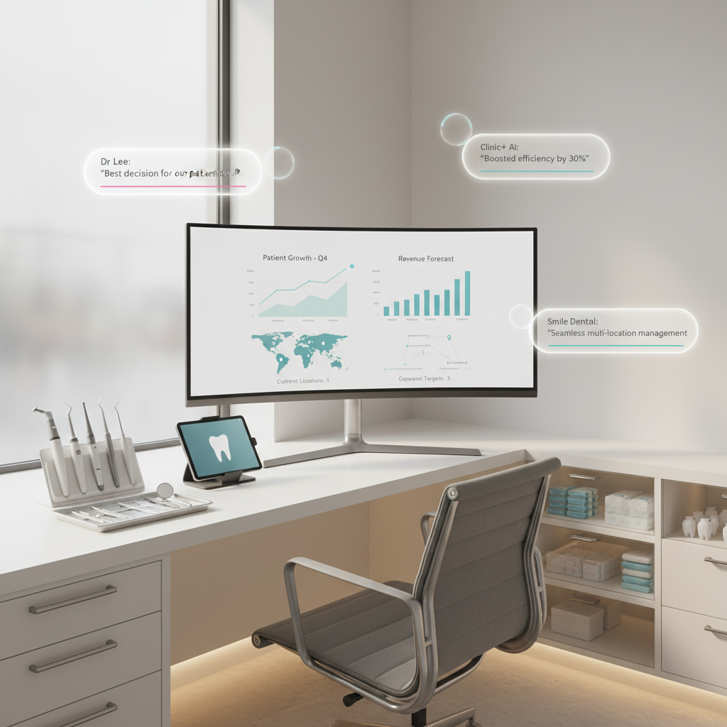 Modern dental clinic workspace with digital dashboard, dental tools, and floating testimonial bubbles.