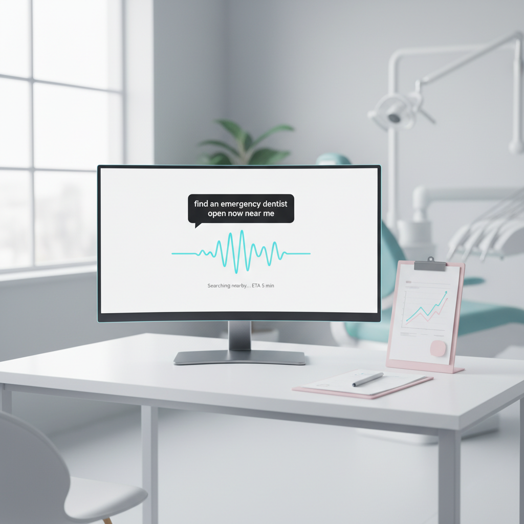 Modern dental clinic workspace with digital dashboard, notepad, growth chart, and calming colors.