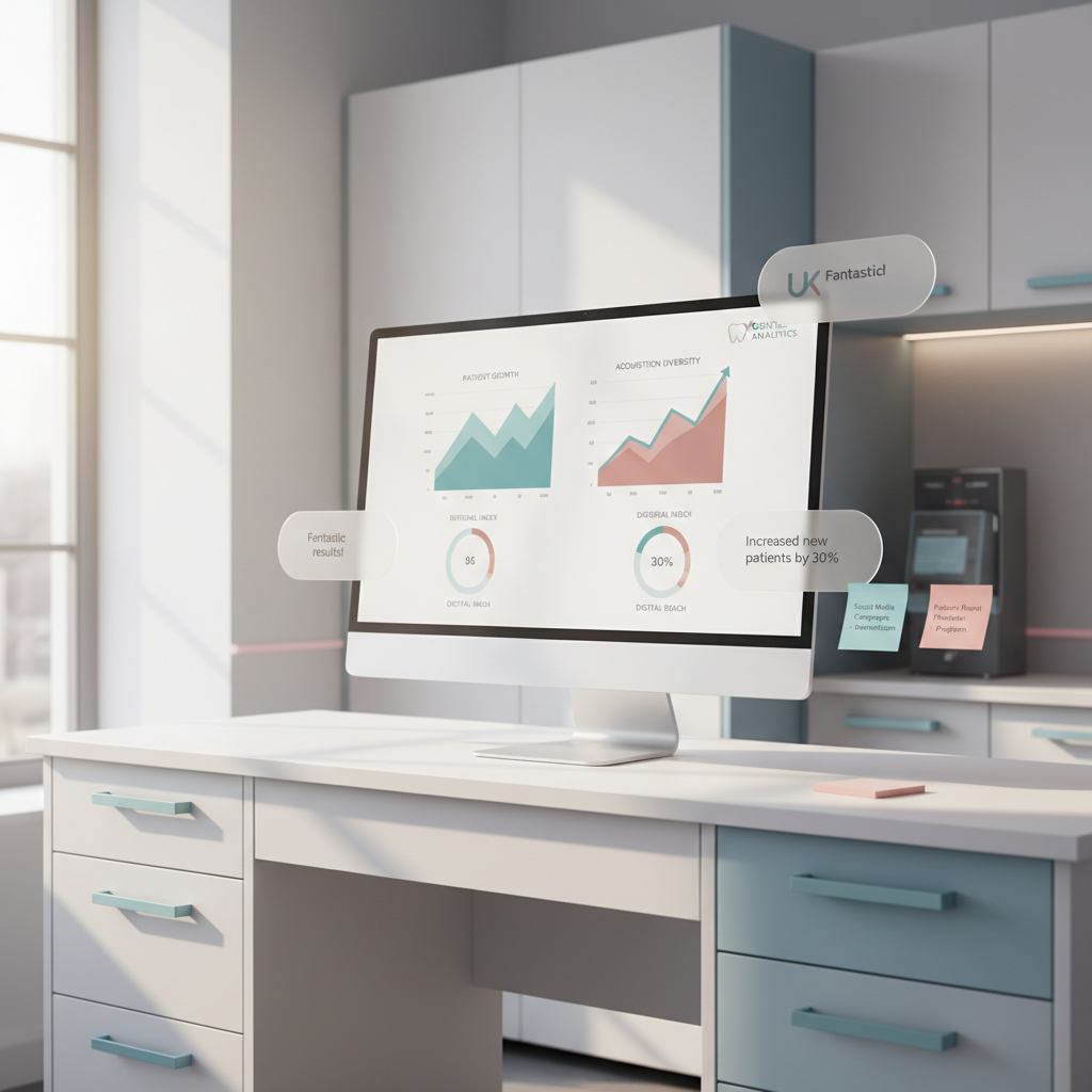 Modern dental clinic workspace with digital dashboard, notes, and testimonial bubbles in bright, clinical tones.
