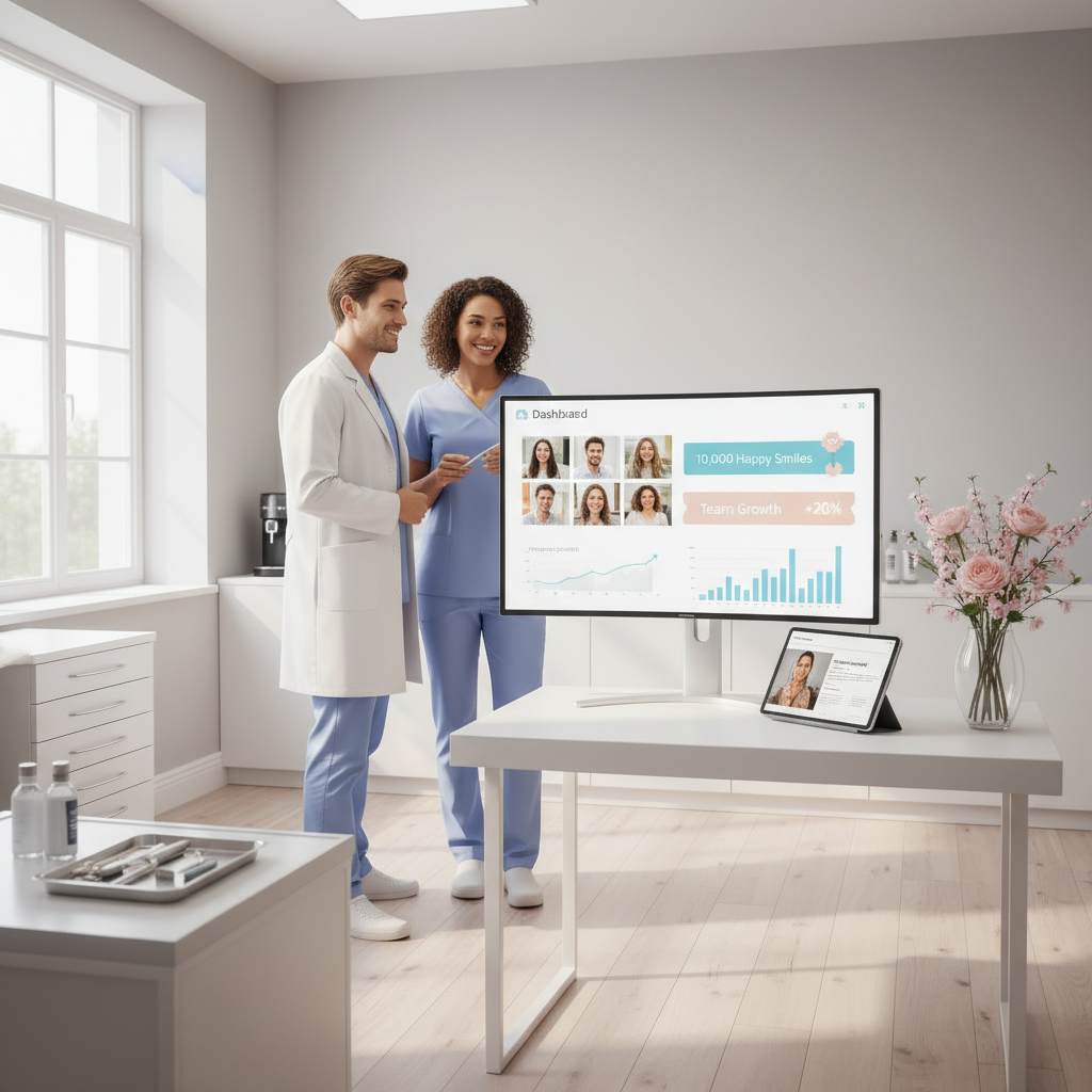 Modern dental clinic workspace with digital dashboard, tablet, floral accents, and warm lighting.