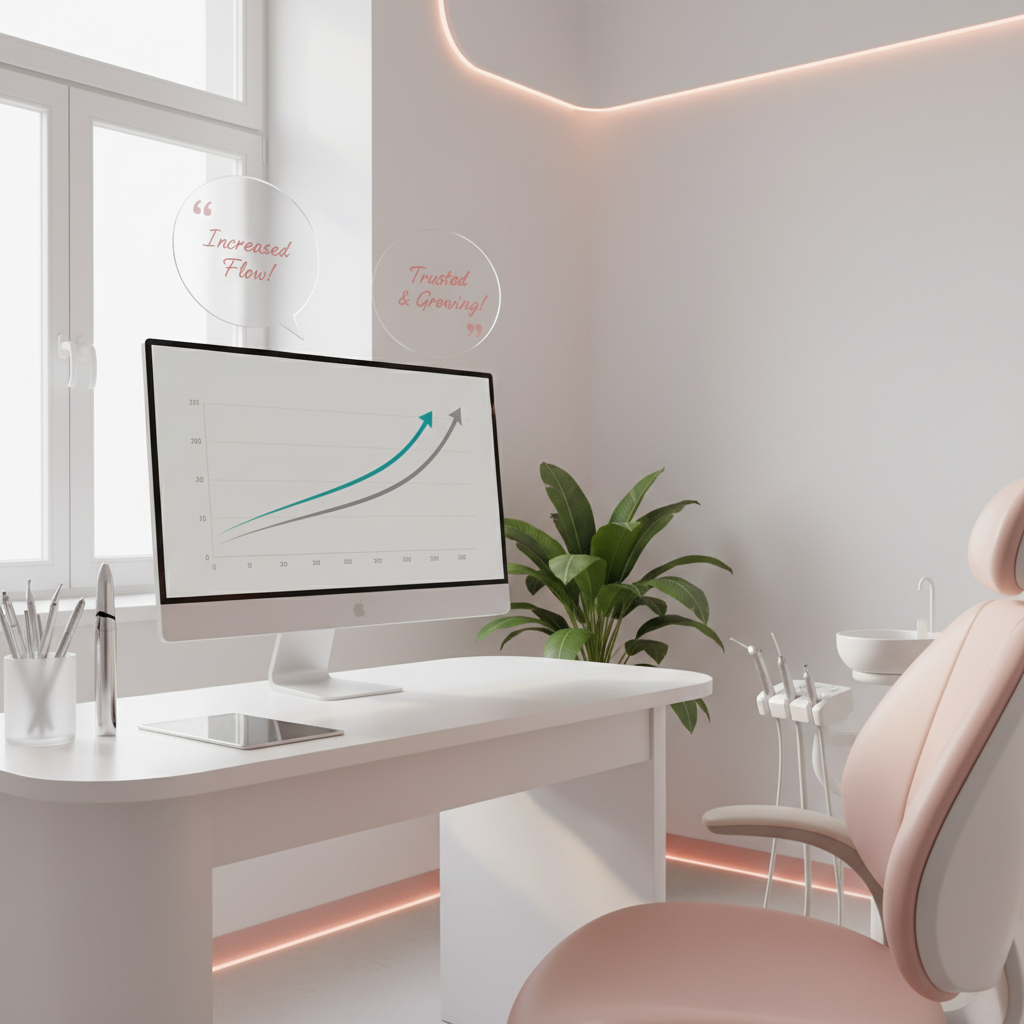 Modern dental clinic workspace with growth chart, dental tools, and testimonial bubbles in bright light.