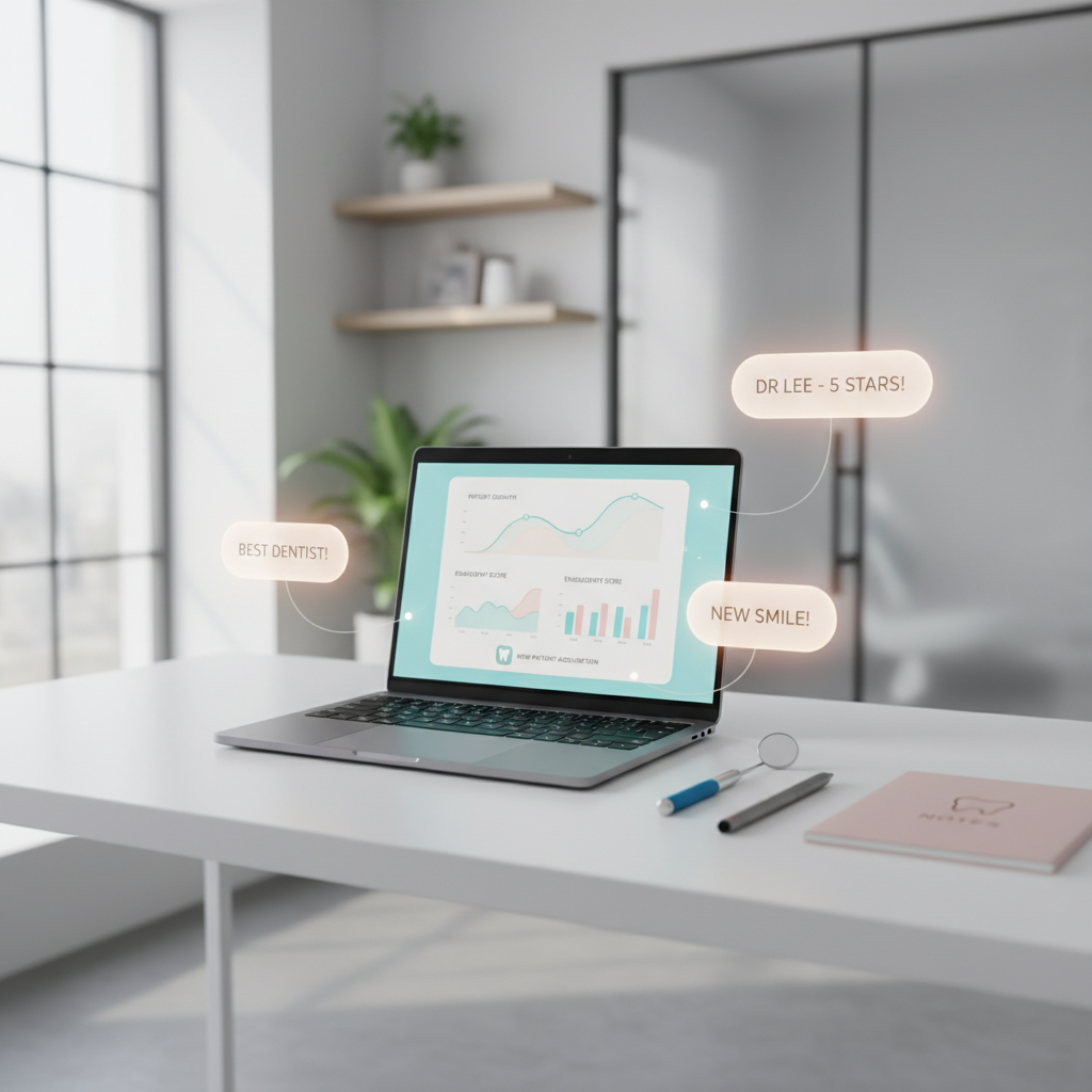 Modern dental clinic workspace with laptop, dental tools, notepad, and floating testimonial bubbles.