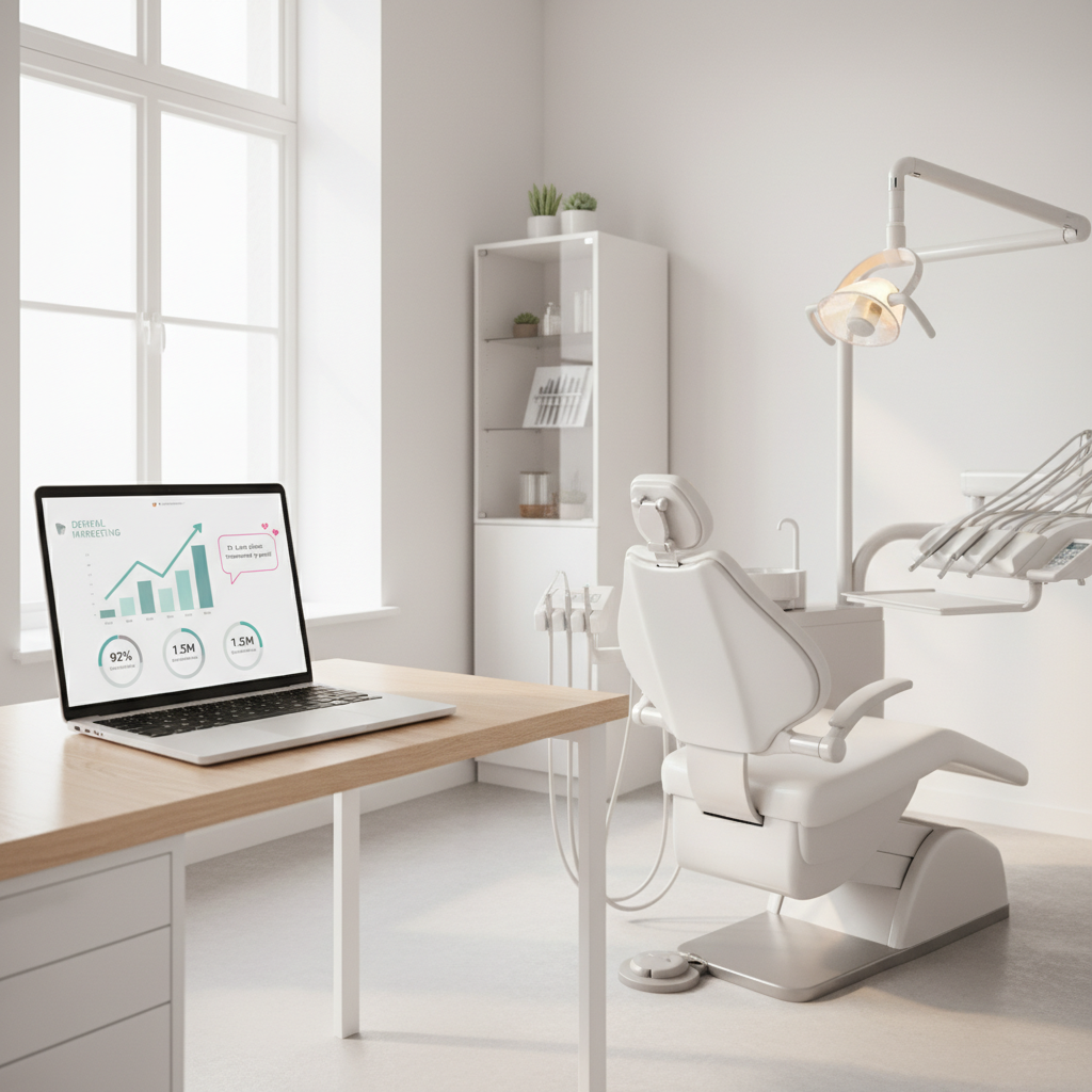 Modern dental clinic workspace with laptop displaying marketing dashboard and dental chair.
