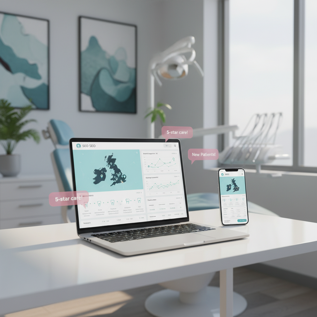 Modern dental clinic workspace with laptop displaying SEO dashboard, smartphone, and testimonial bubbles.
