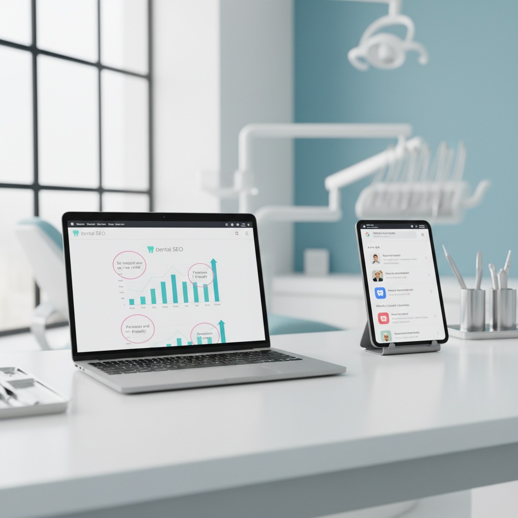 Modern dental clinic workspace with laptop, tablet, and digital marketing dashboards in bright, clean setting.