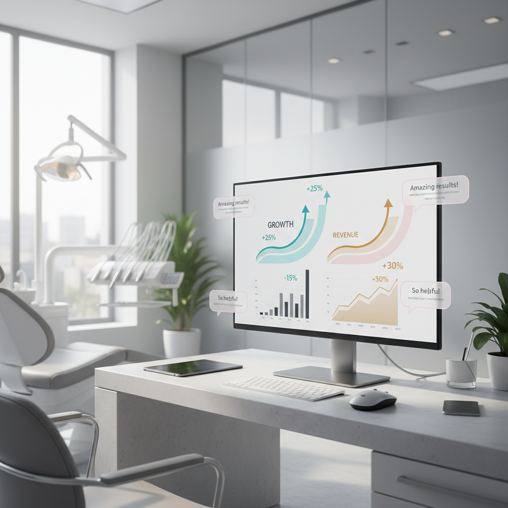 Modern dental clinic workspace with monitor displaying growth charts and testimonial bubbles.