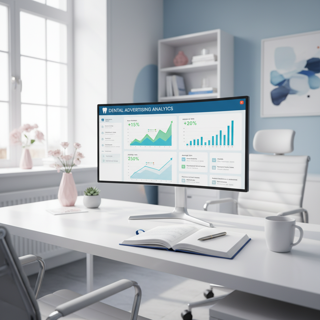 Modern dental clinic workspace with monitor showing dental PPC dashboard and handwritten notes.