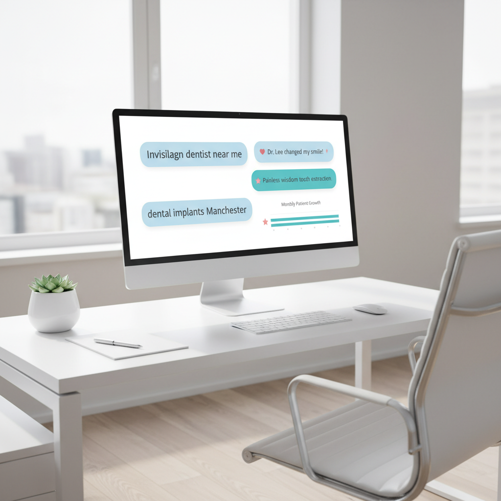 Modern dental clinic workspace with PPC dashboard, testimonials, and growth charts in clinical tones.