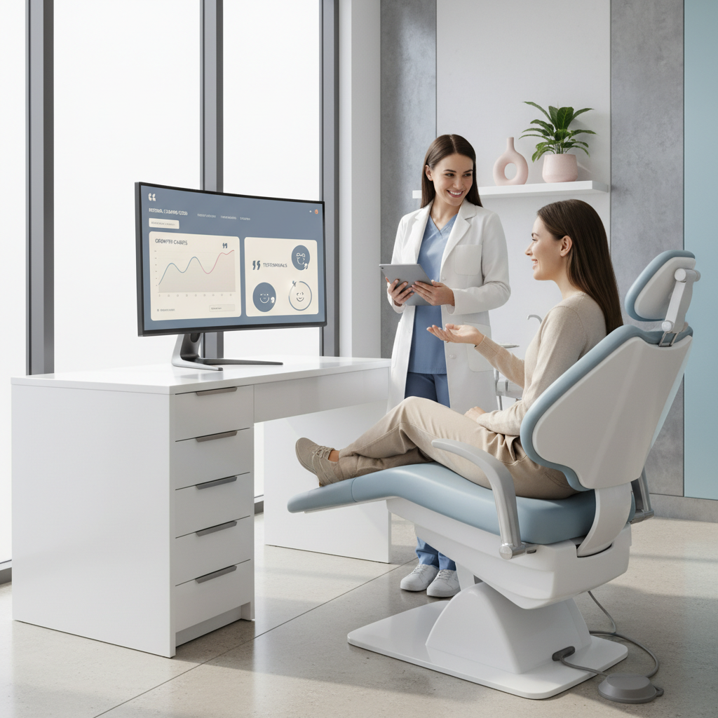 Modern dental clinic workspace with staff, patient, monitor, and warm, clinical decor.
