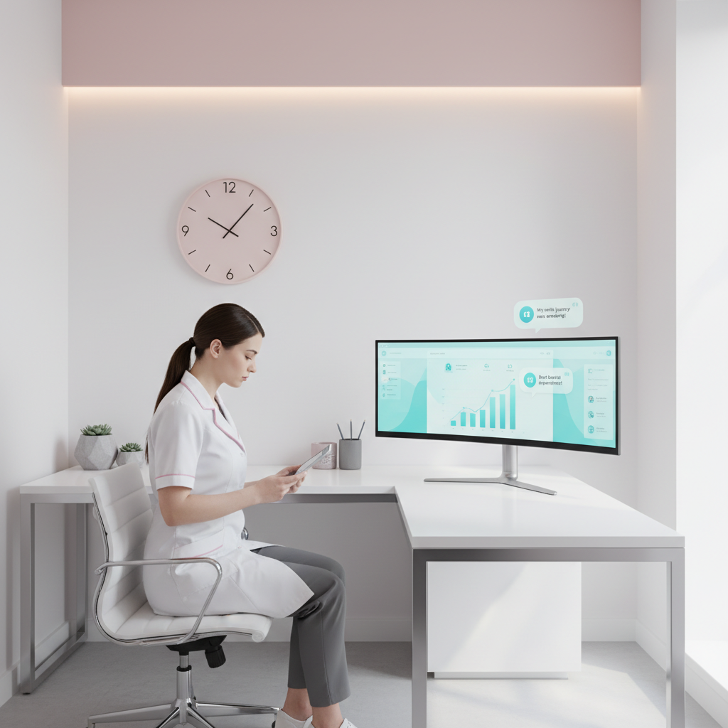 Modern dental clinic workspace with staff reviewing digital social media analytics and notes.