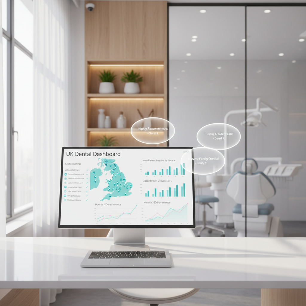 Modern dental dashboard on laptop in bright, clinical treatment room with testimonial bubbles