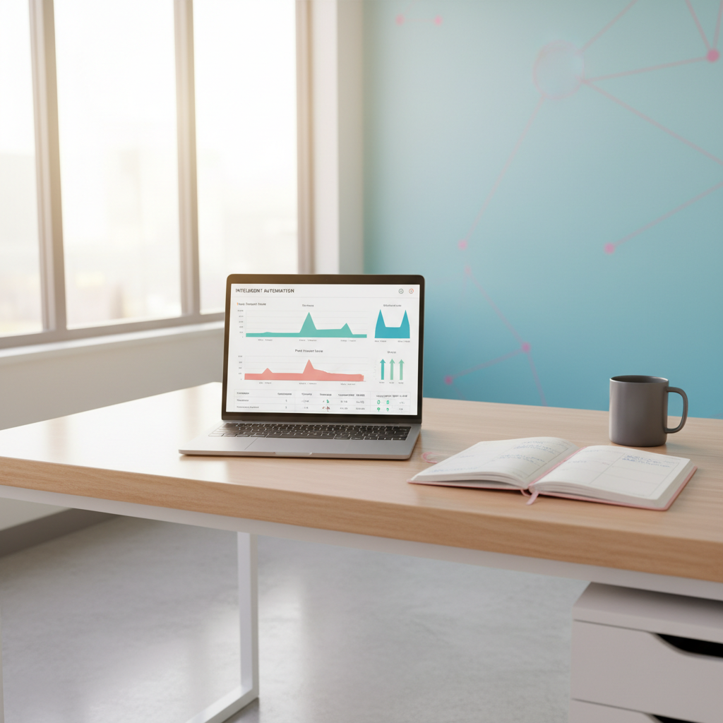 Modern dental office scene with laptop, planner, and coffee on sleek desk in bright, warm-lit space.