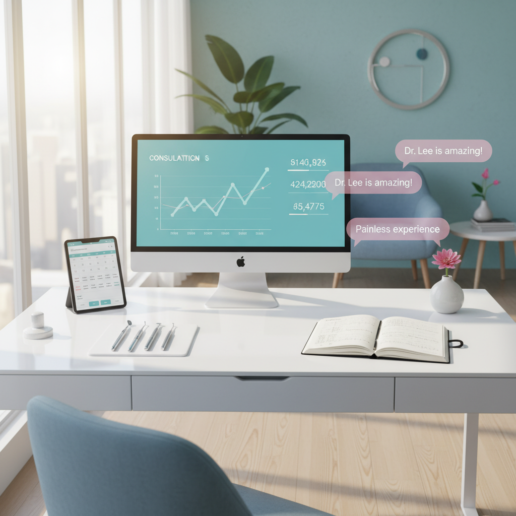 Modern dental office with digital tools, notes, and dental equipment in bright, calming environment.
