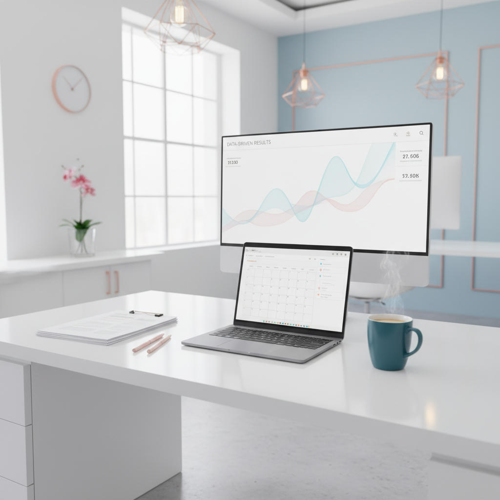 Modern dental office with digital workspace, documents, pink pens, and teal coffee on white desk