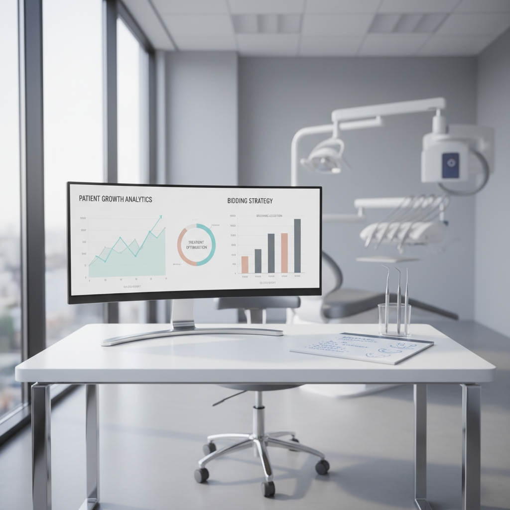 Modern dental office with digital workspace, growth charts, notes, and dental tools in bright light.